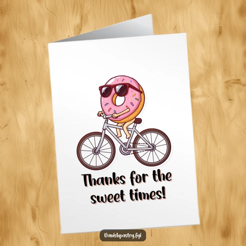 Funny Free Printable Thank You Card: Donut in sunglasses cycles fast on icing, sending thanks.