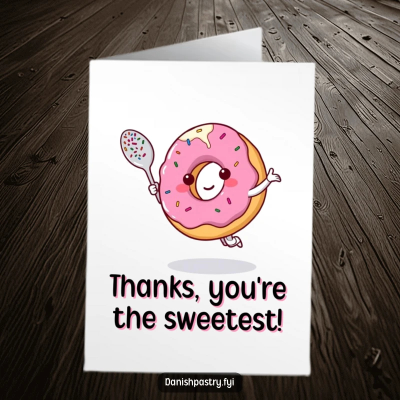 Funny Free Printable Thank You Card of a smiling donut dancing with a sprinkle spoon, a sweet DIY thank you.