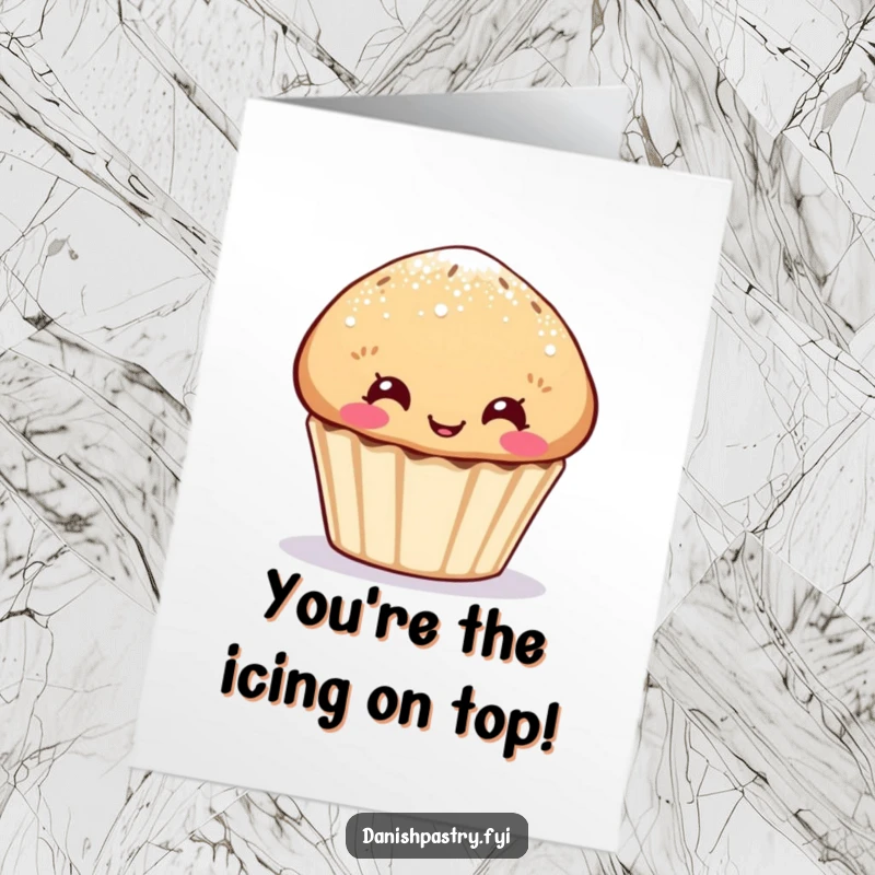 Funny Free Printable Thank You Card: Muffin character with a dusting of sugar, making a side-splittingly funny face, a download.