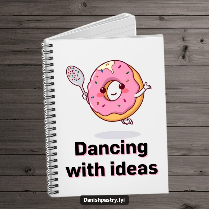 Funny notebook with a smiling donut character dancing with a sprinkle-covered spoon, encouraging fun note-taking.