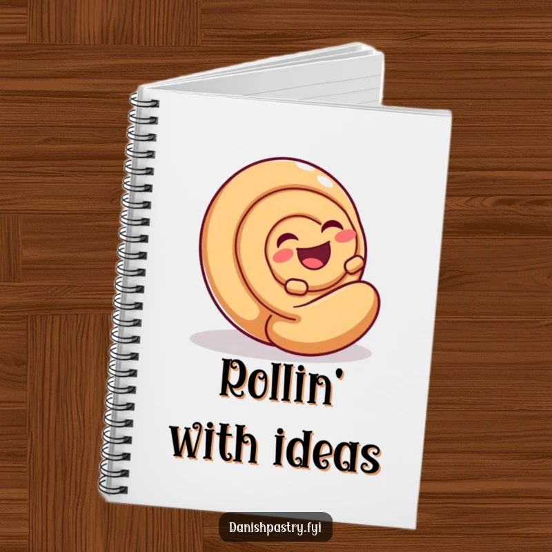 Funny Cinnamon Roll Roll Notebook featuring a laughing cinnamon roll rolling, perfect for jotting notes with humor.