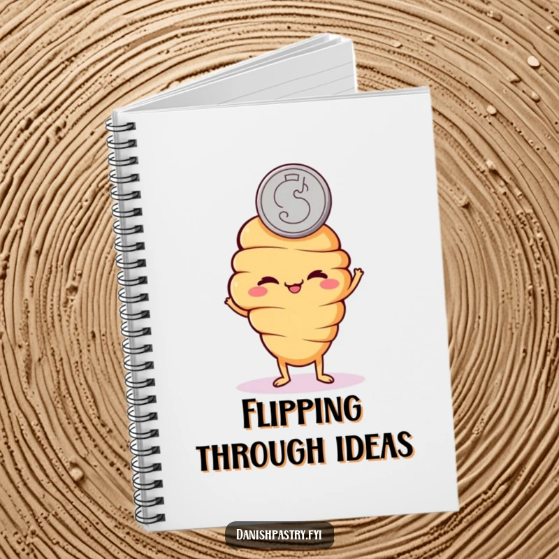 Funny notebook with a mischievous croissant character flipping a coin, encouraging fun note-taking and decision-making.