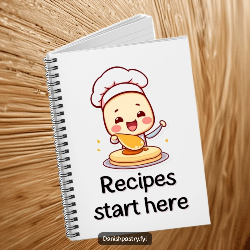 Funny Danish Pastry Chef Notebook cover with a character flipping a pancake, perfect for jotting down delicious ideas.