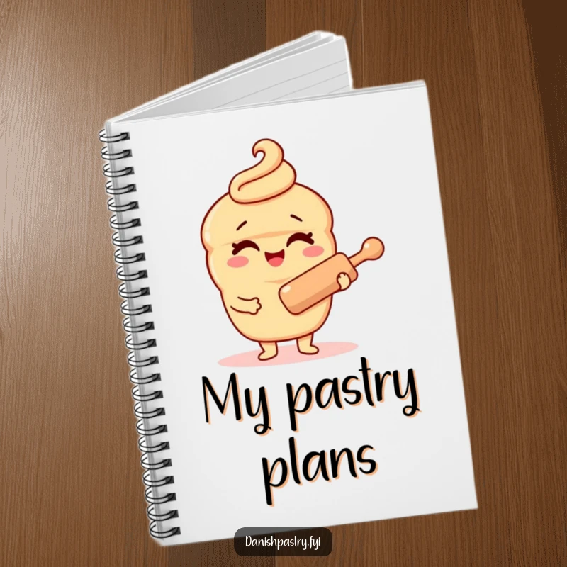 Funny Danish pastry character notebook, winking while holding a rolling pin, ideal for jotting down recipes or funny thoughts and ideas.