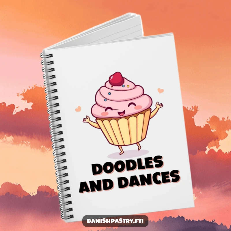 Funny cupcake dancing and giggling, creating a cheerful cover for a notebook, ideal for jotting down sweet thoughts.
