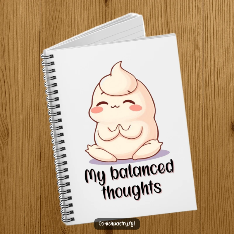 Funny notebook with a wobbly panna cotta in a silly yoga pose with concentration, encouraging focused note-taking.