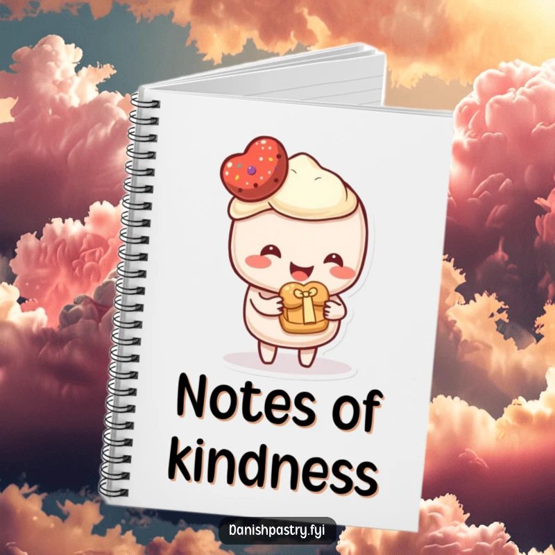 Funny Notebook featuring a happy pastry character offering a small pastry as a gift. Ideal for jotting down kind thoughts and sweet ideas.
