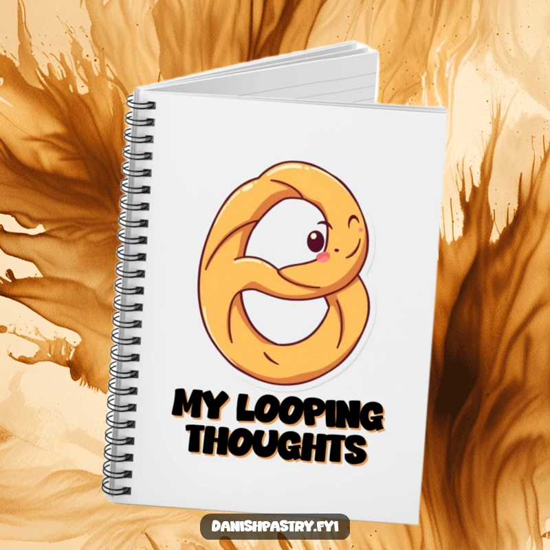 Funny notebook cover with a happy pretzel, grinning and spinning. Perfect for jotting down witty thoughts.
