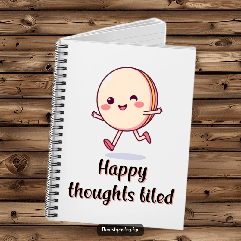 Funny notebook with a smiling macaron character skipping happily on the cover, ideal for jotting down ideas with a sweet flair.