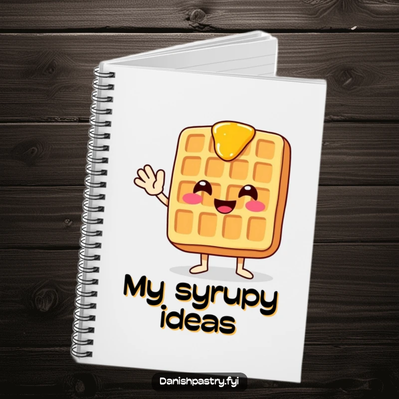Funny notebook with a smiling waffle with dripping syrup, waving enthusiastically, perfect for jotting down notes with joy.
