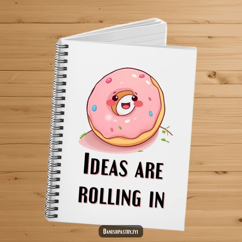 Funny donut rolling down a hill, creating a cheerful cover for a notebook, perfect for capturing funny thoughts and notes.