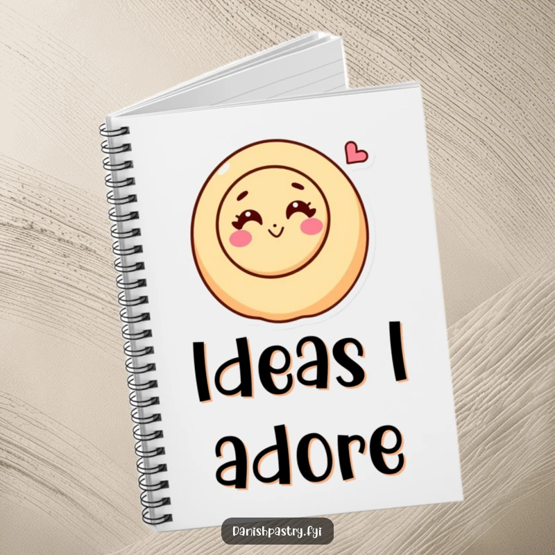 Funny cinnamon roll character with a happy swirl blowing a kiss on a notebook, encouraging sweet and affectionate note-taking.