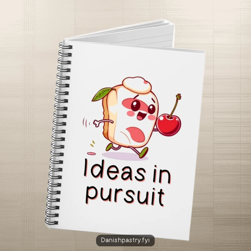 Funny Danish pastry notebook, character comically chasing a rolling cherry, ideal for jotting down funny notes.
