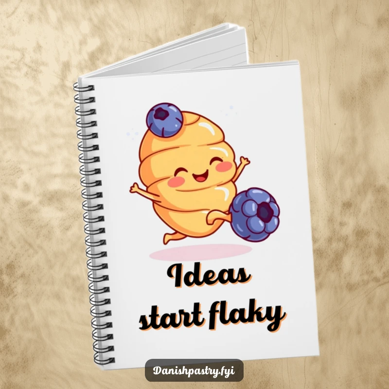 Funny Notebook: A smiling croissant with tiny legs kicks a blueberry, perfect for jotting down energetic ideas and funny notes.