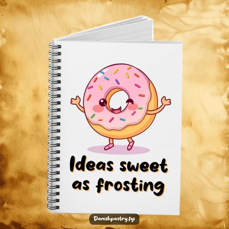 Funny notebook cover with a cheerful donut, sprinkles, and dancing frosting. Perfect for writing down delightful thoughts.