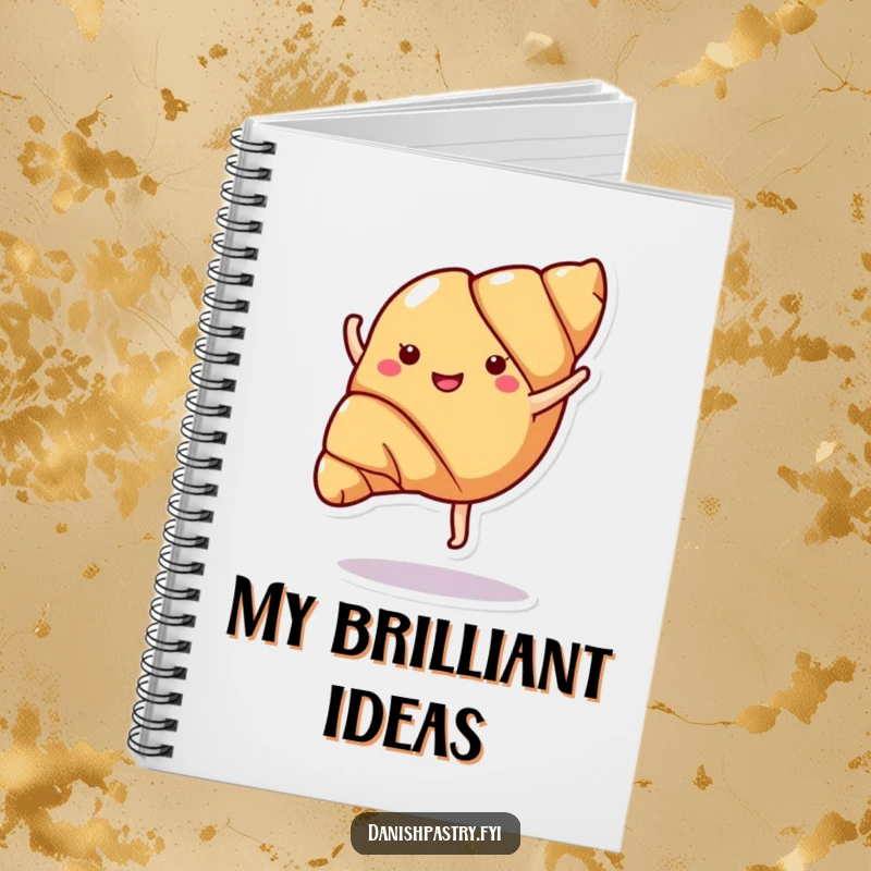Funny croissant in a cartwheel pose, creating a cheerful cover for a notebook, ideal for jotting down creative thoughts.