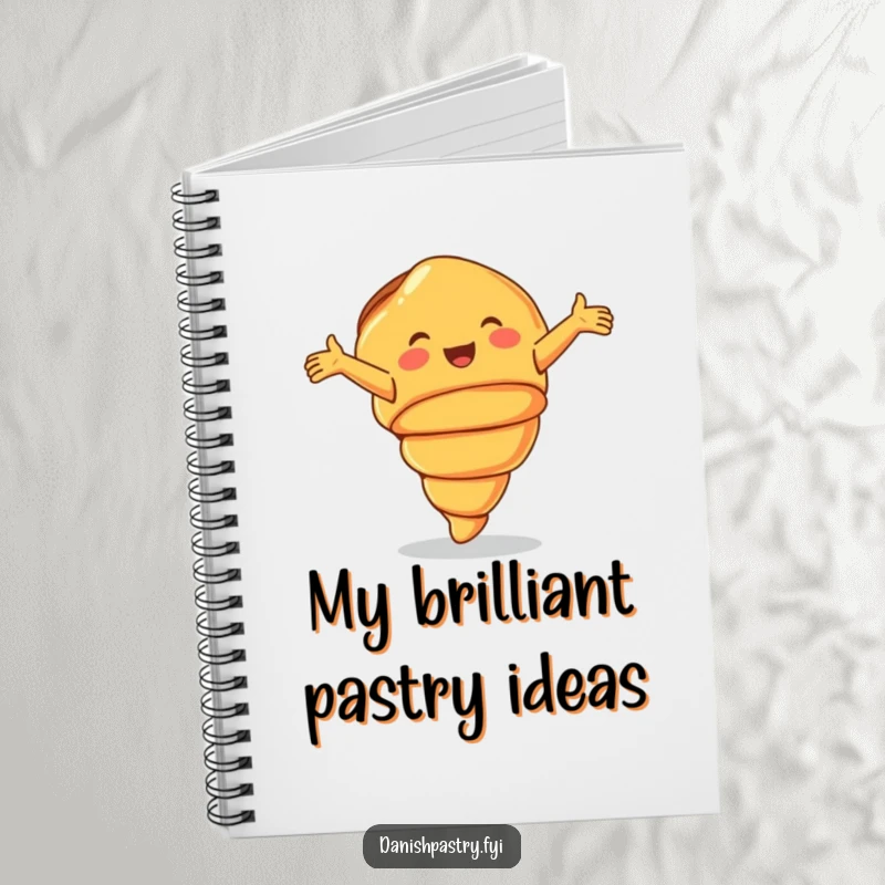 Funny Notebook featuring a smiling croissant doing a joyful cartwheel, ideal for jotting down happy thoughts.