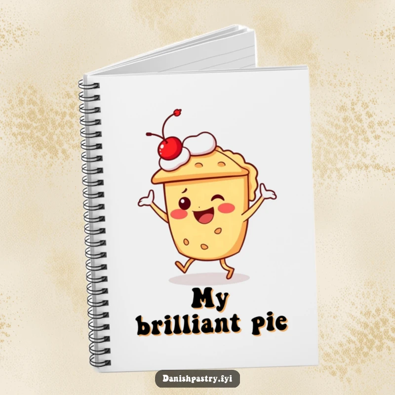Funny pie character dancing happily with a cherry on top, on a hilarious dessert design notebook cover.