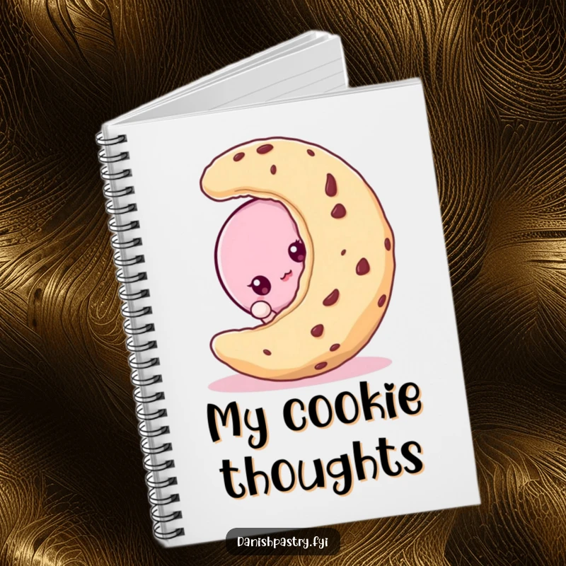 Funny macaroon character peeking from behind a large cookie, on a curious and hilarious dessert notebook.