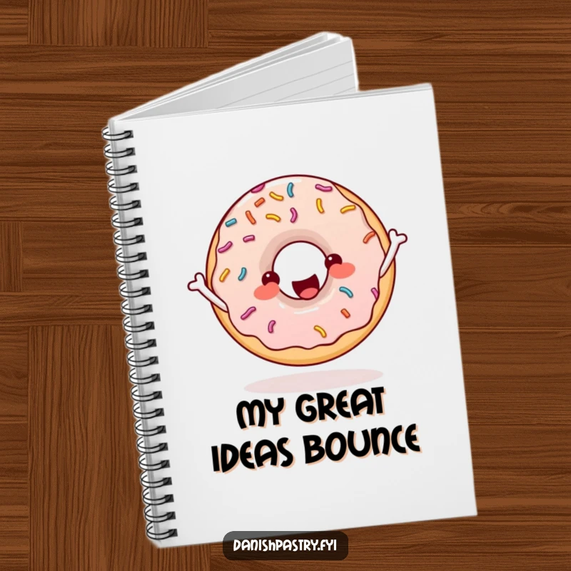 Funny donut with sprinkles skipping rope enthusiastically, a cheerful notebook for writing, drawing, and planning.