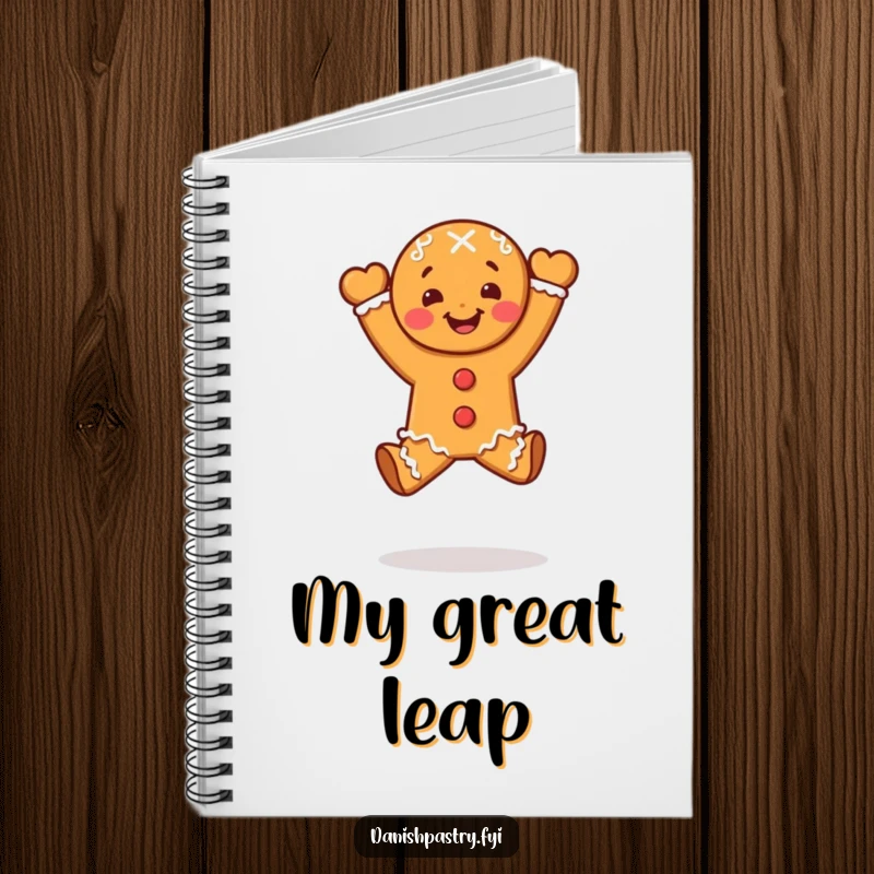 Funny gingerbread person doing a celebratory leap, on a hilarious dessert notebook.
