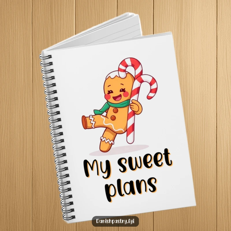 Funny notebook cover with a gleeful gingerbread man kicking a candy cane, ideal for holiday notes and festive doodles.