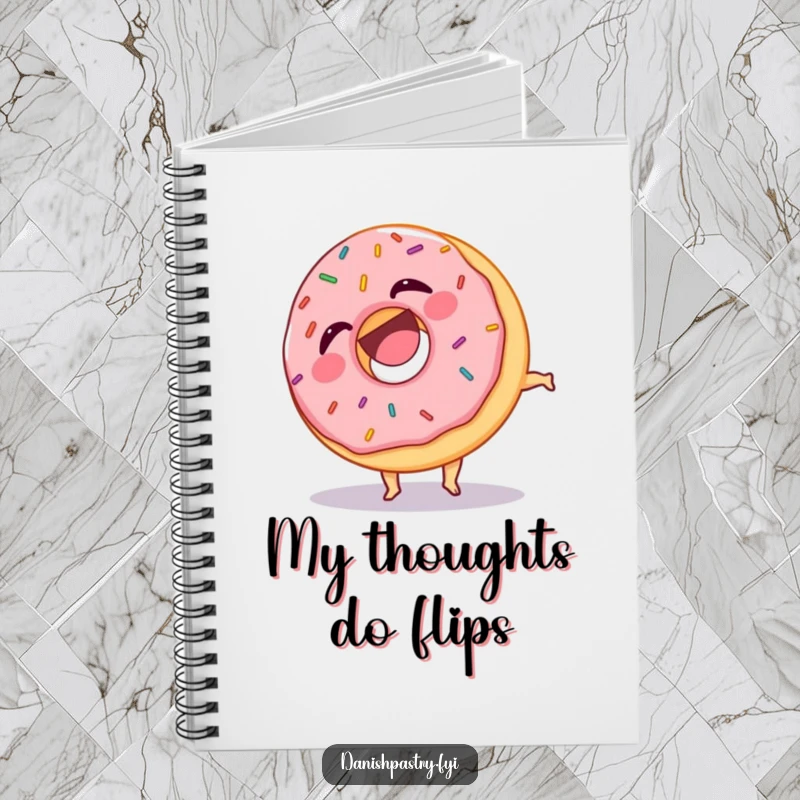 Funny notebook with a laughing donut character covered in sprinkles, doing a somersault, great for humorously recording thoughts.