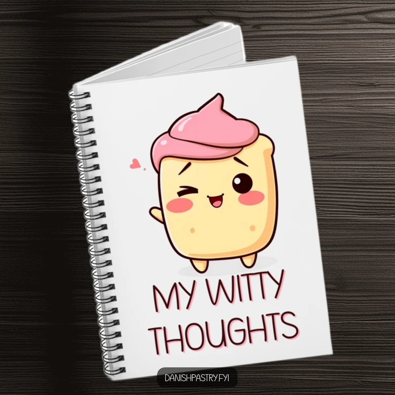 Funny scone character shrugging playfully with a wink, on a hilarious dessert notebook.