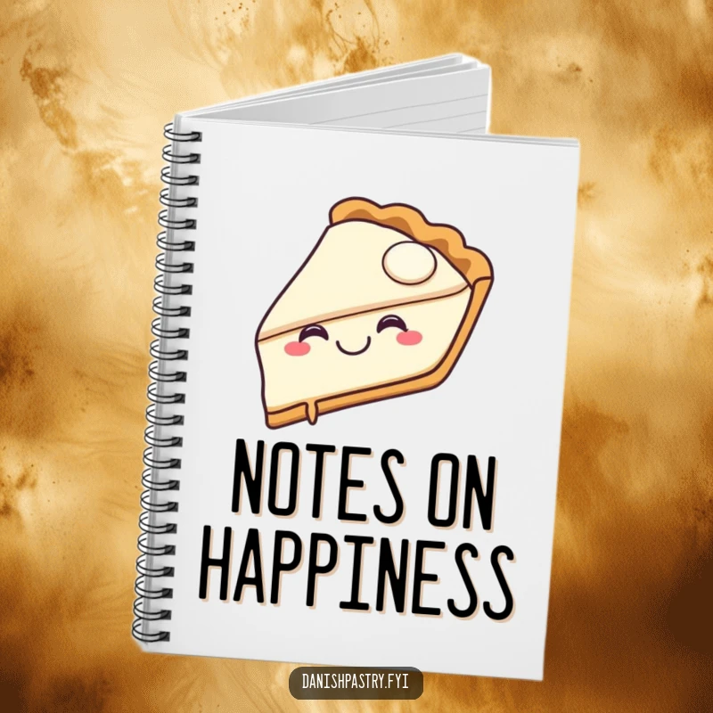 Funny pie slice notebook with a joyful pie character happily taking a bite, perfect for humorous note-taking.