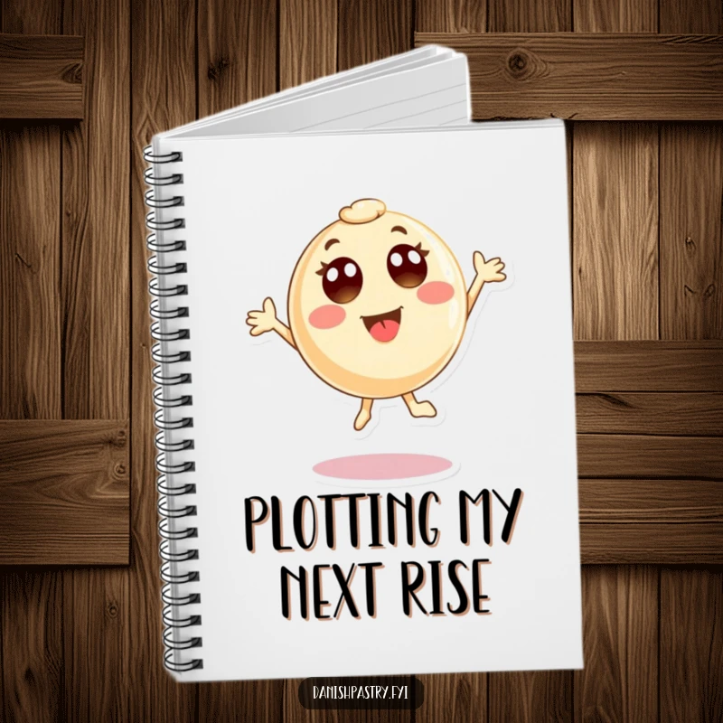 Funny Notebook with a round pastry character joyfully jumping, wide eyes sparkling. Perfect for writing down funny thoughts or creative ideas.