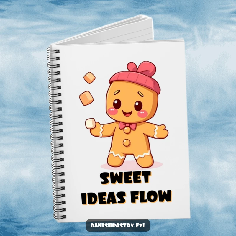 Funny cheerful gingerbread man character juggling sugar cubes, on a notebook cover for sweet note-taking.
