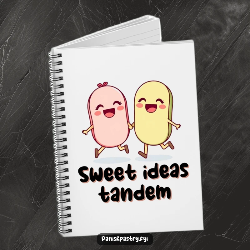 Funny notebook with a happy macaron pair holding hands and skipping, perfect for jotting down notes with a joyful touch.