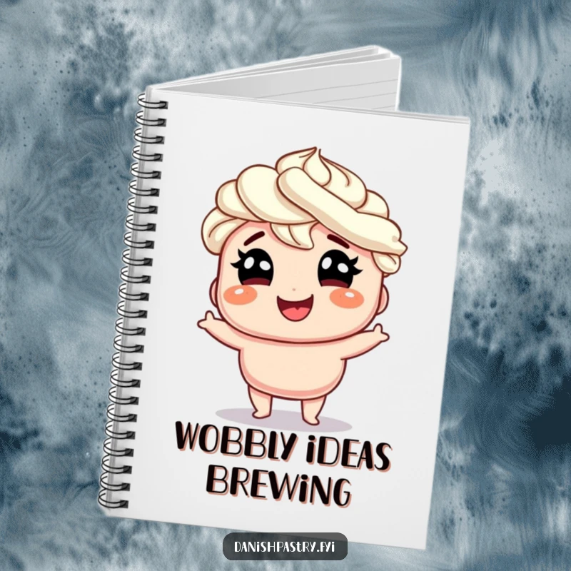 Funny smiling Danish with whipped cream hair doing a silly wobble with glee, a charming and humorous notebook for jotting down ideas.