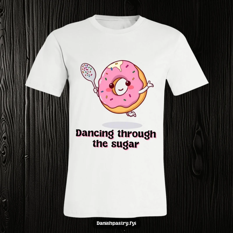 Funny t-shirt depicting a smiling donut character dancing with a sprinkle-covered spoon, full of sugary sweetness and joy.