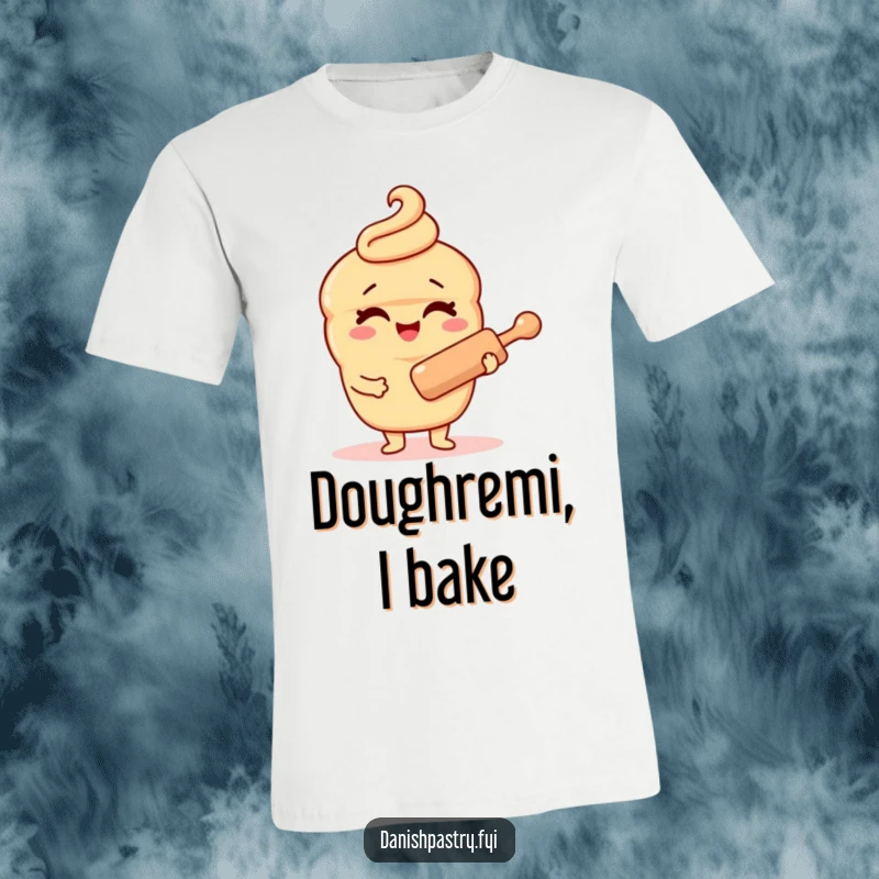 Funny Danish pastry character t-shirt, winking playfully while holding a rolling pin, showcasing baking humor and a cheerful vibe.