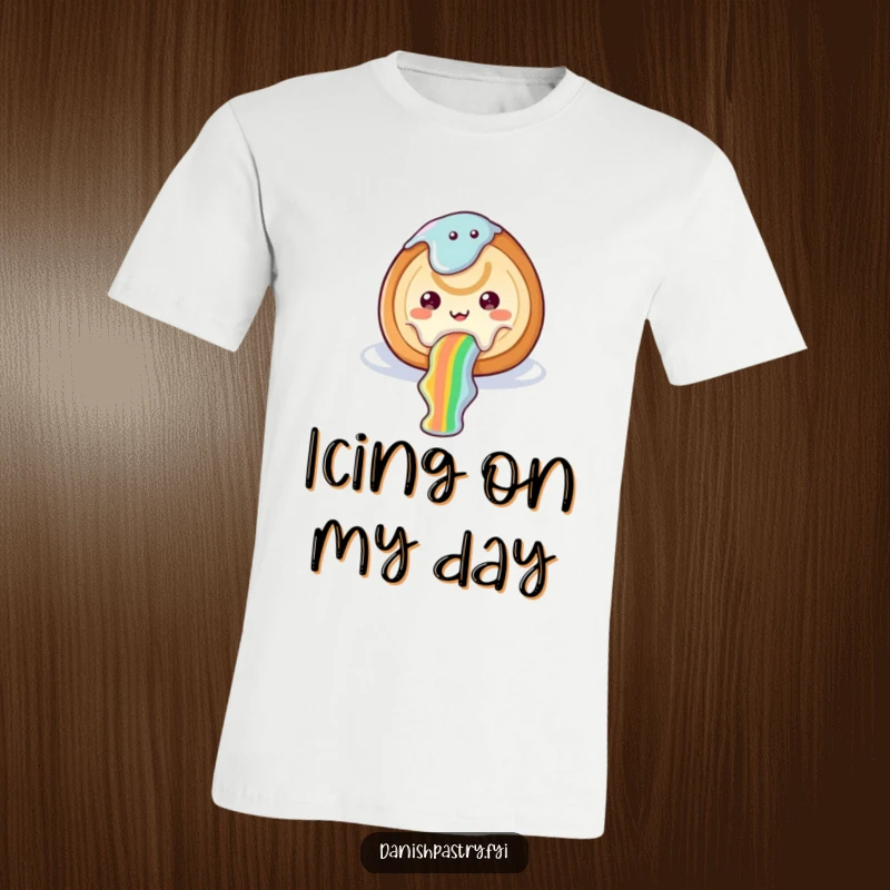 Funny cinnamon roll t-shirt featuring icing sliding down a rainbow, symbolizing sweet, cheerful, and humorous vibes.