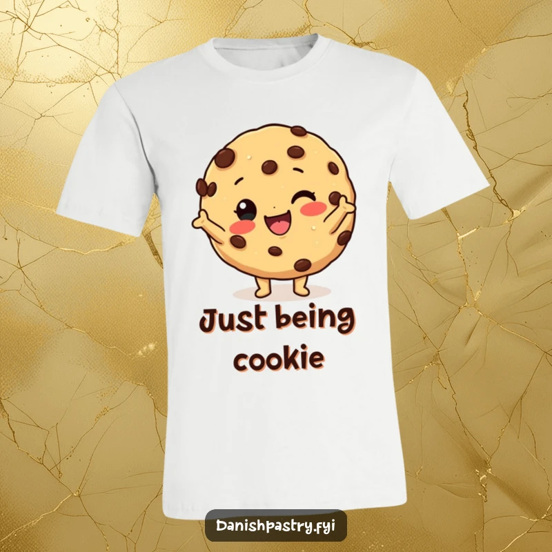 Funny cookie t-shirt featuring a happy character with chocolate chips striking a silly pose, showcasing pure dessert amusement.