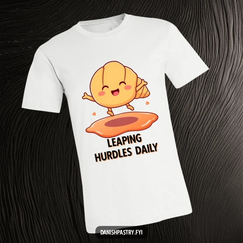 Funny t-shirt with a smiling croissant on legs, hilariously leaping over a jam puddle. Whimsical food character graphic.