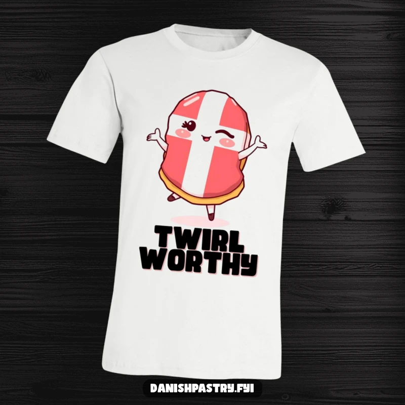Funny Danish Flag Pastry T-Shirt depicting a winking pastry doing a pirouette, ideal for a funny gift.