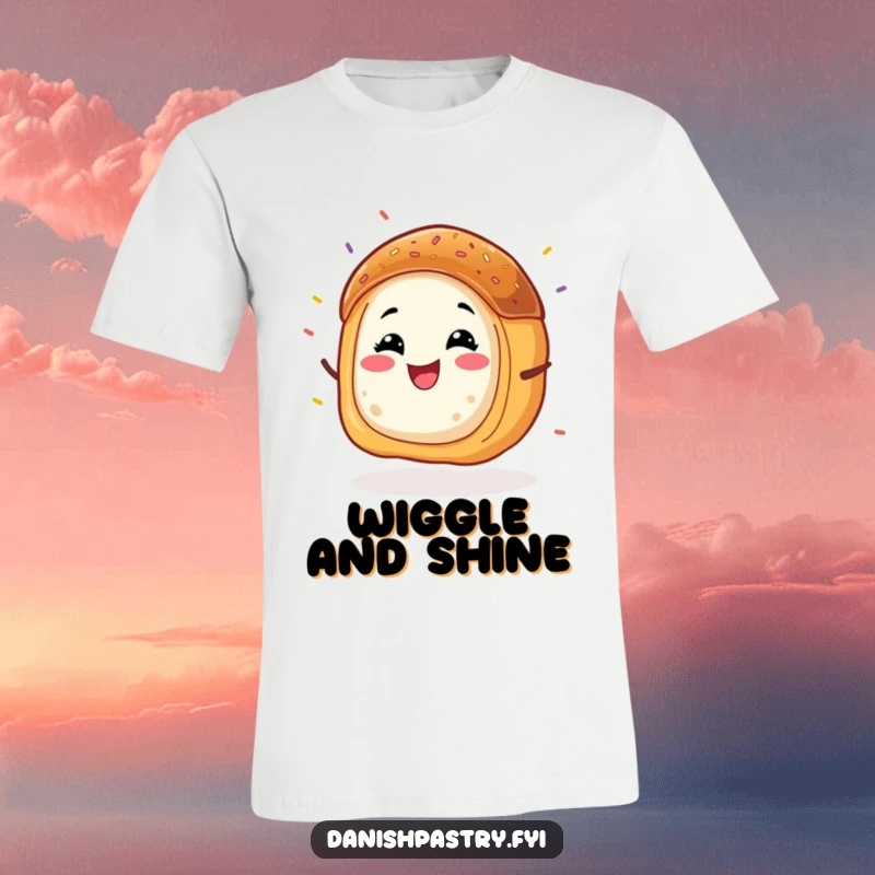 Funny Danish pastry t-shirt, a grinning character energetically wiggling with colorful sprinkles flying. A festive design.