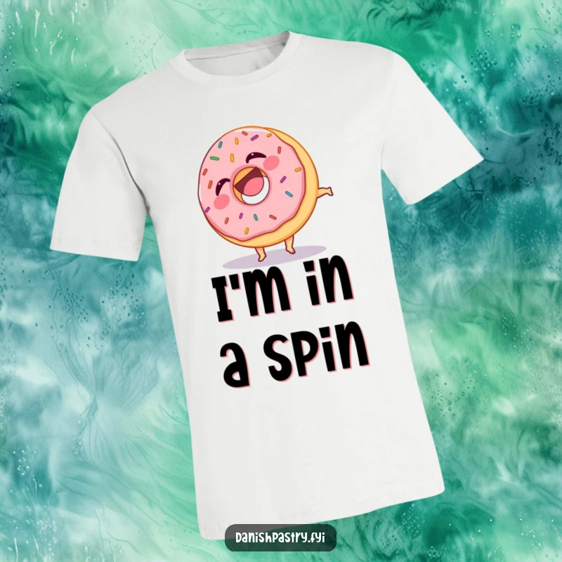 Funny t-shirt showing a laughing donut with colorful sprinkles doing a comical somersault, a joyful and humorous graphic.