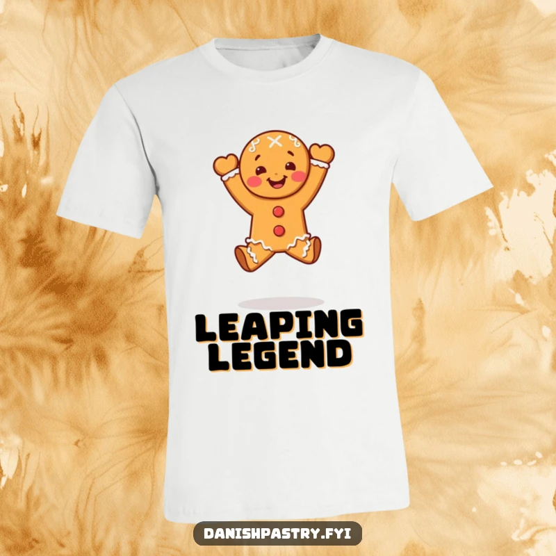 Funny gingerbread person in a celebratory leap pose, printed on a hilarious and joyful dessert t-shirt.