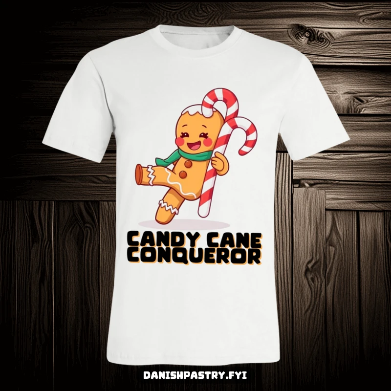 Funny t-shirt featuring a gleeful gingerbread man in action, enthusiastically kicking a giant candy cane, radiating holiday joy.