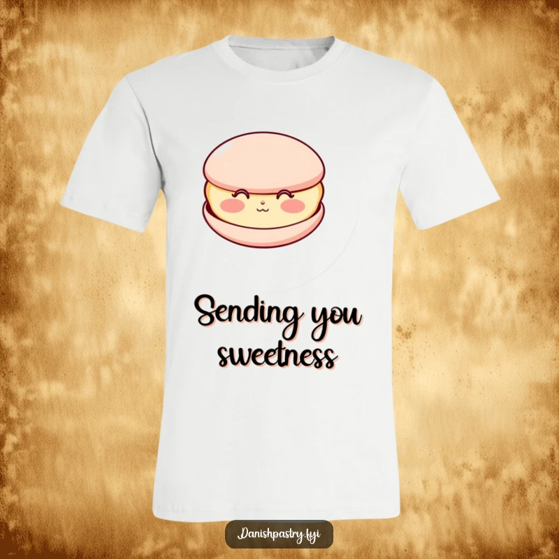 Funny t-shirt featuring a happy macaron with rosy cheeks, blowing a kiss, a sweet and endearing character graphic.