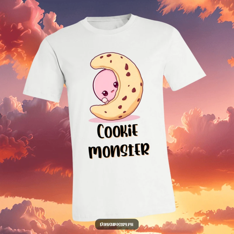 Funny macaroon character peeking from behind a large cookie, on a curious and hilarious dessert t-shirt.