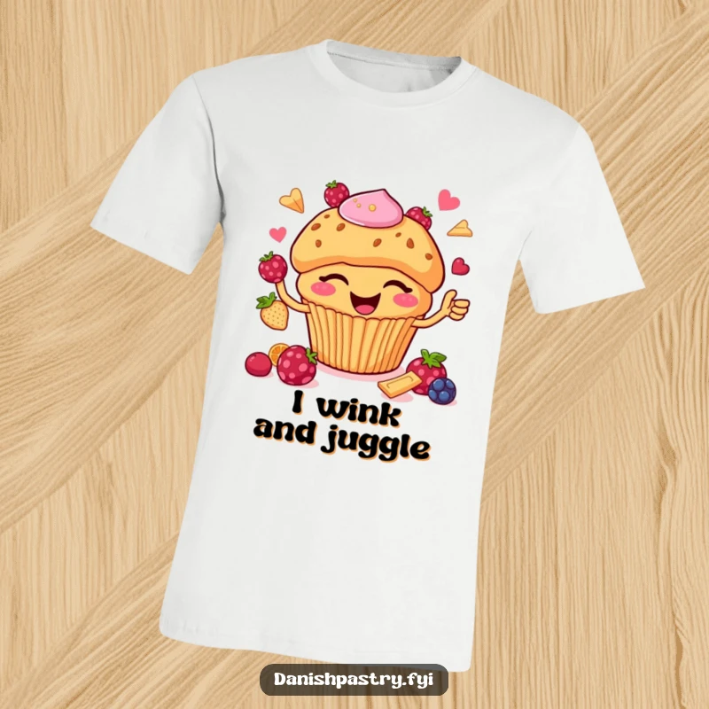 Funny T-Shirt: A happy muffin with chips winks while skillfully juggling berries, exuding playful confidence and delightful charm.