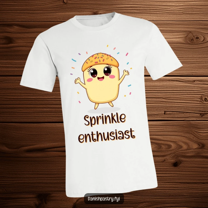 Funny pastry t-shirt with a smiling pastry doing a happy dance under a shower of sprinkles, showcasing pure dessert delight.