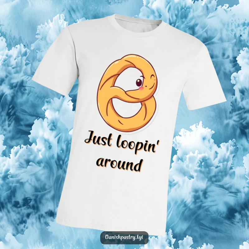 Funny t-shirt with a happy pretzel character sporting a big grin, caught in a dynamic spin. Humorous snack graphic.