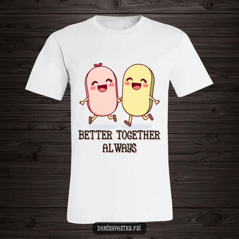 Funny graphic t-shirt showcasing a happy pair of macarons holding hands and skipping, radiating pure delight and friendship.