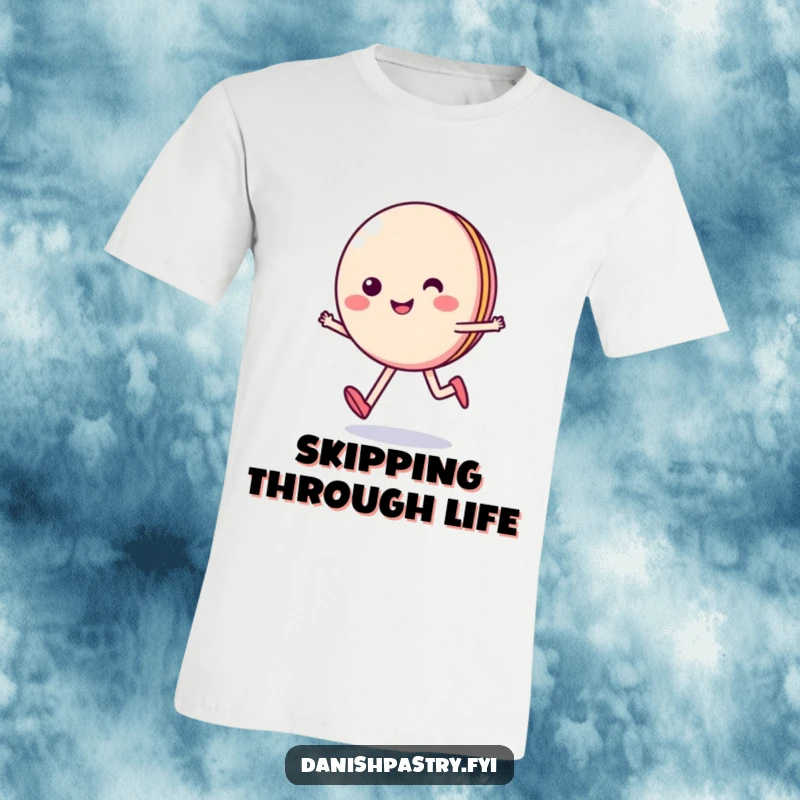 Funny t-shirt graphic of a smiling macaron character skipping happily, embodying cheerful and sweet vibes.